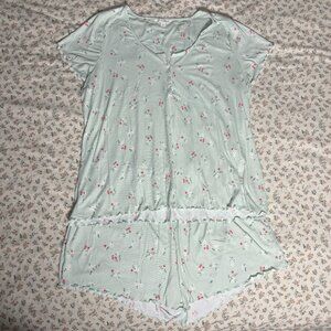 Laura Ashley 1XL Short Sleeve Button Pajamas Mint Green Blue Floral Ribbed